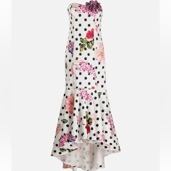 Marchesa Notte Strapless Black Polka Dot Gown Pink Floral - Picture 4 of 16